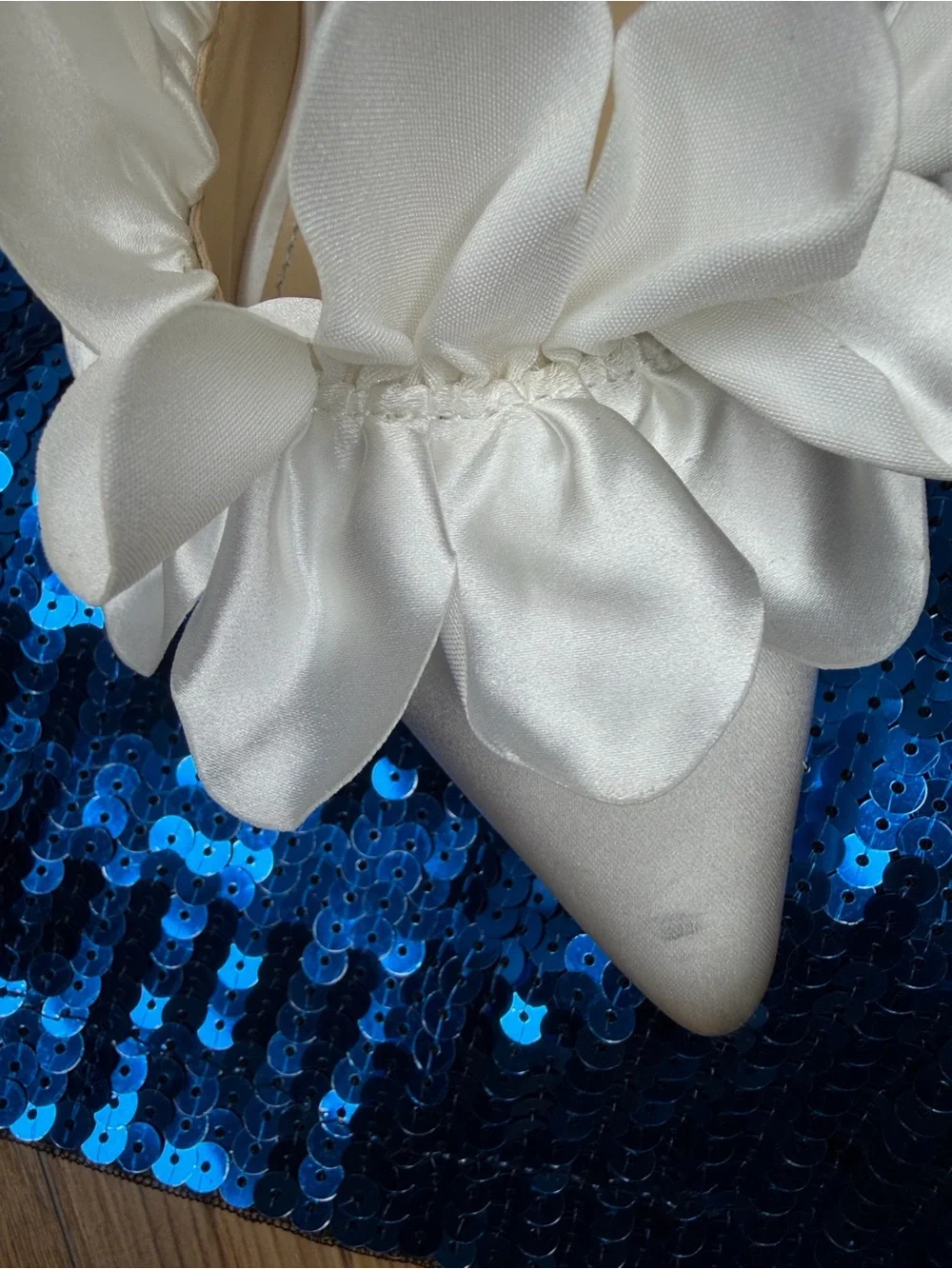 Beautiful Betsey Johnson White Satin Ruffle Mules with Rhinestone Straps
